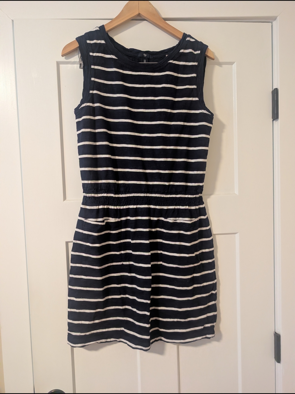 Striped Navy and White Sleeveless Mini Dress with Elastic Waist